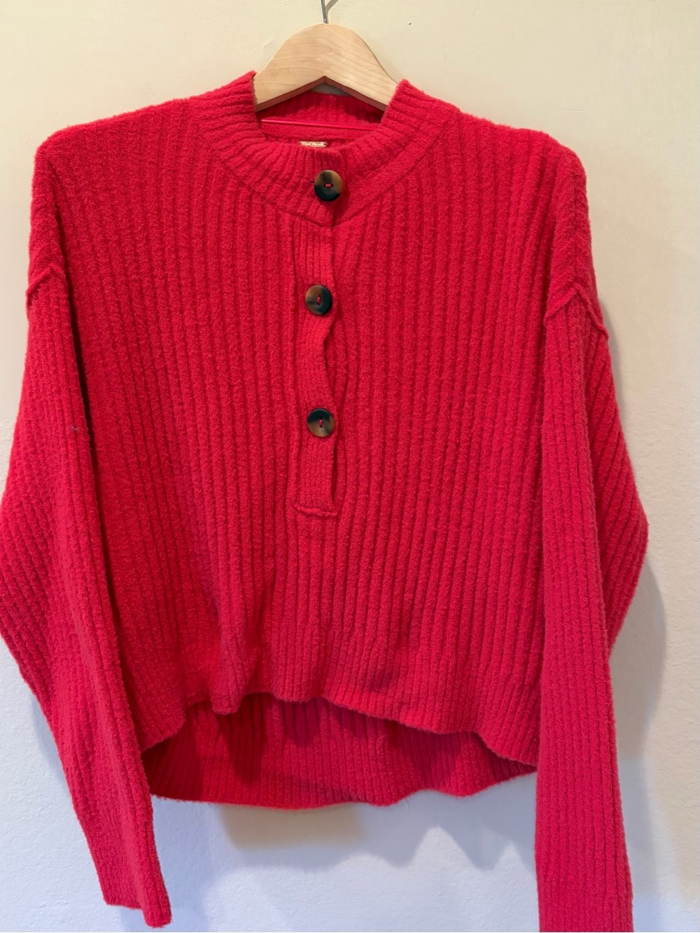 Free People Red Cropped Rib-Knit Button Pullover - Picture 2 of 5